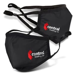 Two black reusable cotton face masks with adjustable ear loops, featuring a logo.