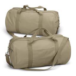 A pair of khaki canvas duffle bags with sturdy handles and adjustable straps, showcasing a simple design.