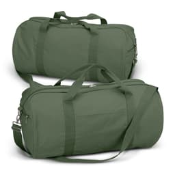 Two olive green canvas duffle bags with zipper closures and adjustable straps, featuring a logo on one bag.