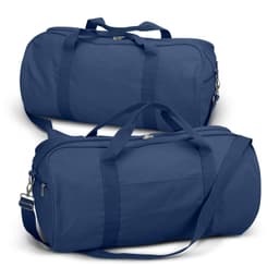 A navy canvas duffle bag with dual handles, a shoulder strap, and a zip closure, featuring an exterior pocket.