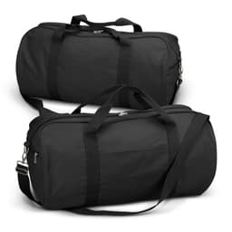 A black canvas duffle bag with dual handles and an adjustable shoulder strap, featuring a sleek design.