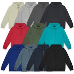 A collection of TRENDSWEAR Jasper Unisex Hoodies in various colours, laid out in a grid pattern. Each hoodie features a zipper and a hood.