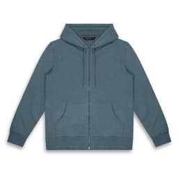 A blue unisex hoodie with a front zip and pockets, featuring a hood and ribbed cuffs. It includes a logo.