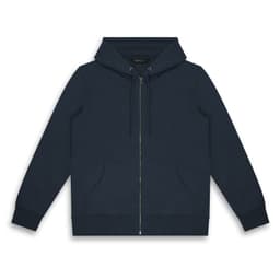 A navy unisex hoodie with a zip front, drawstring hood, and front pockets. Features a logo on the fabric.