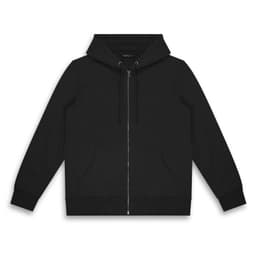 A black unisex hoodie featuring a zip front, drawstring hood, and front pockets, with a logo on the chest.