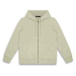 A light green unisex hoodie with a zip front, drawstring hood, and front pockets. Features a logo.