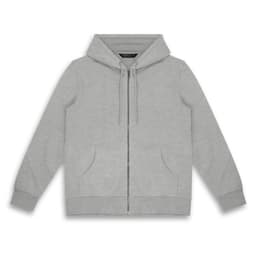 A grey unisex hoodie with a zip front, drawstring hood, and front pockets. It features a logo on the label.