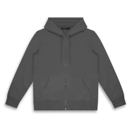A grey unisex hoodie with a front zipper, drawstring hood, and two side pockets. It features a logo on the design.