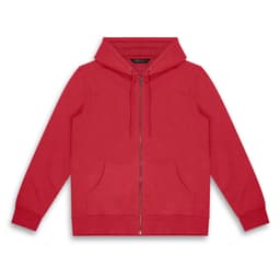 A red unisex hoodie with a front zip, two pockets, and a hood. Features a logo.