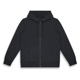 A dark navy unisex hoodie featuring a zip front, kangaroo pockets, and a hood. Includes a logo.