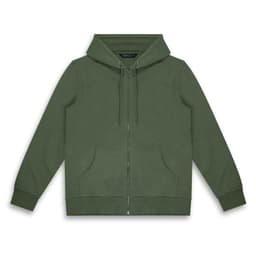 A green unisex hoodie featuring a zip front, drawstring hood, and front pockets. It also has a logo.