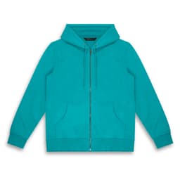 A turquoise unisex hoodie featuring a front zipper, drawstring hood, and front pockets. It includes a logo.