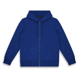 A blue unisex hoodie featuring a zip front, hood, and front pockets. It has a branding logo.