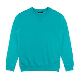 A turquoise unisex sweatshirt with a crew neck and long sleeves. It features a logo on the label.