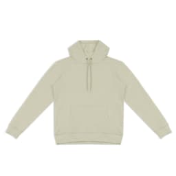 A unisex hoodie in a light beige colour featuring a front pouch pocket and a drawstring hood. It has a logo.