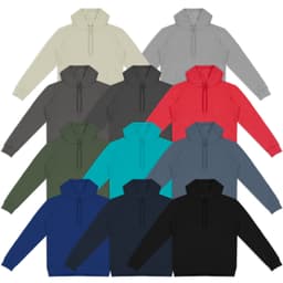 A collection of unisex hoodies in various colours, including grey, red, black, and green, with a simple design.