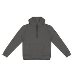 A unisex hoodie in dark grey featuring a front pocket and a drawstring hood. Includes a logo on the garment.