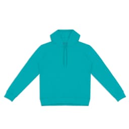 A turquoise unisex hoodie featuring a pouch pocket and a hood, with a drawstring and ribbed cuffs.