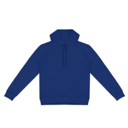 A blue unisex hoodie featuring a front pocket and a hood, with a drawstring and branding present.