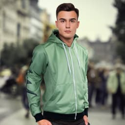 A mint green custom men's sports zipped hoodie featuring a logo and hood. The model is outdoors with a blurred background.