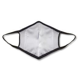 A custom face mask in black with a textured white interior and elastic ear loops. It features a logo.