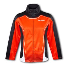 A red and black women's sports jacket with a high collar and a logo on the front.