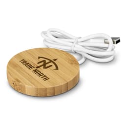A round, bamboo wireless charger with a white USB cable, featuring a logo on the surface.