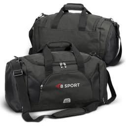 A dark green duffle bag with black accents and a shoulder strap, featuring a logo on the side.