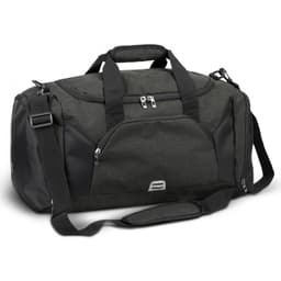 A dark green duffle bag with black accents, featuring multiple handles and a shoulder strap, with a logo.