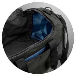 A dark green duffle bag with a blue interior and multiple compartments. It has a logo and sturdy handles.