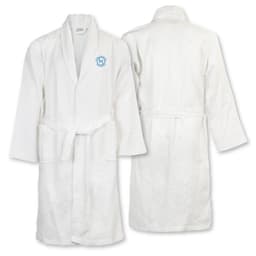 A white waffle bathrobe featuring a logo, with front and back views displayed.