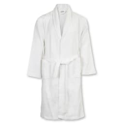 A white waffle bathrobe featuring a tied waist and long sleeves, with a logo on the neckline.