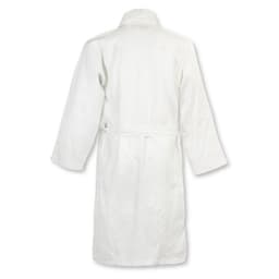 A white waffle bathrobe with long sleeves and a belt, featuring branding on the back.