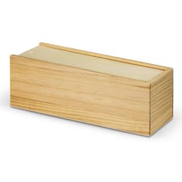 A wooden brain teaser set in a simple rectangular wooden box with a smooth finish.
