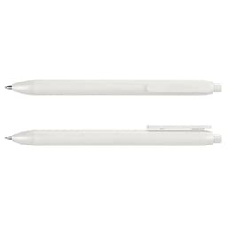 A white PLA pen lies horizontally, showcasing its sleek design and textured grip, with a clip on top.