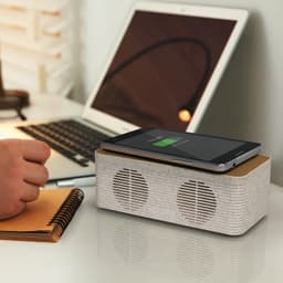A brown cardboard box containing the NATURA Oaken Speaker Wireless Charger, featuring a simple design and logo.