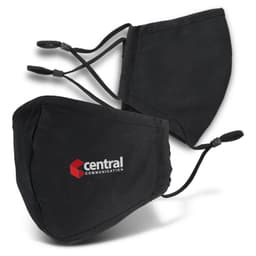 A pair of black face masks with adjustable ear straps and a logo on one mask.