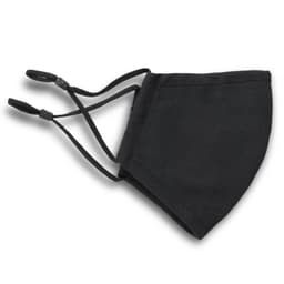 A Luxe Face Mask in black with adjustable ear straps for a secure fit. Features a simplistic design and includes a logo.