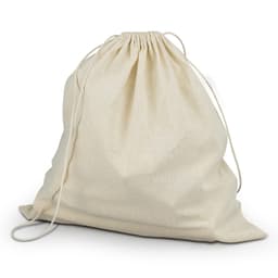 A natural-coloured drawstring bag made of fabric, designed for storage or carrying items.