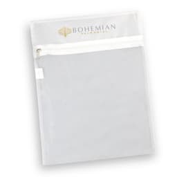 A translucent white mesh laundry bag with a zip closure and a logo at the top.