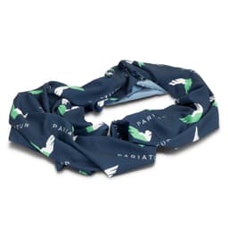 A blue infinity scarf featuring a green and white abstract design, with a logo present on the fabric.