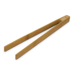 Bamboo serving tongs in a natural finish, featuring a simple design and a hole for easy storage.