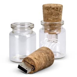 A drink bottle-shaped flash drive with a cork stopper, featuring a clear glass design and a logo.