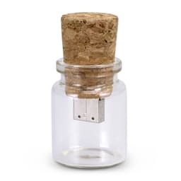 A drink bottle-shaped flash drive with an 8GB capacity, featuring a cork lid and a glass body.