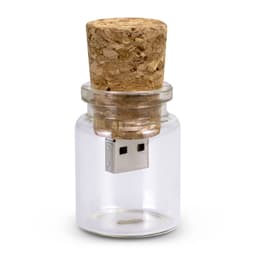 A drink bottle-shaped flash drive with a cork stopper, featuring a silver USB connector, in clear glass.