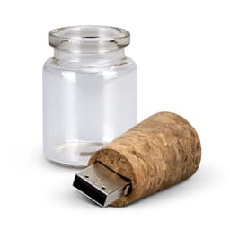 A clear glass bottle with a cork lid and an attached USB flash drive. The flash drive has a silver metal connector.