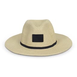A beige wide-brim hat with a black band and an attached logo.
