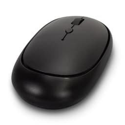 A black wireless travel mouse featuring a smooth design and a scroll wheel, with a logo on its surface.