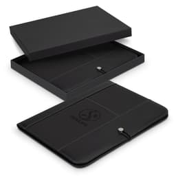 A black portfolio with a logo, displayed inside an open black box, showcasing its elegant design.