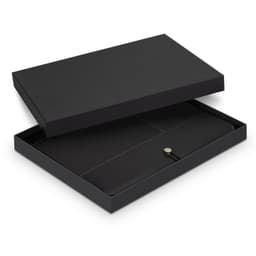 A black Melrose Portfolio presented in an open black box, featuring a sleek design and clasp closure.